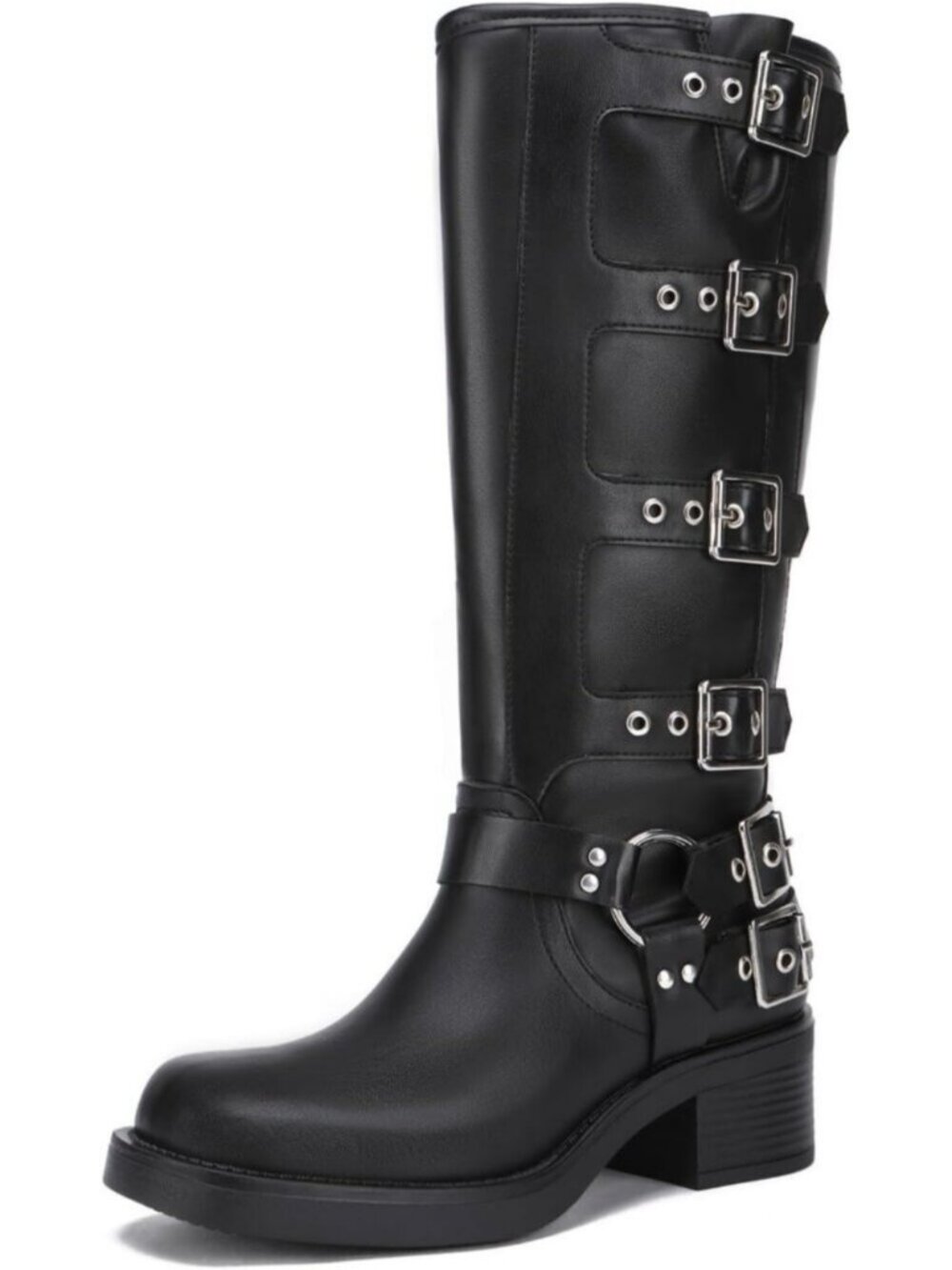 Women's Black Knee High Boots Square Toe Motorcycle Boots with Buckle Biker Boot